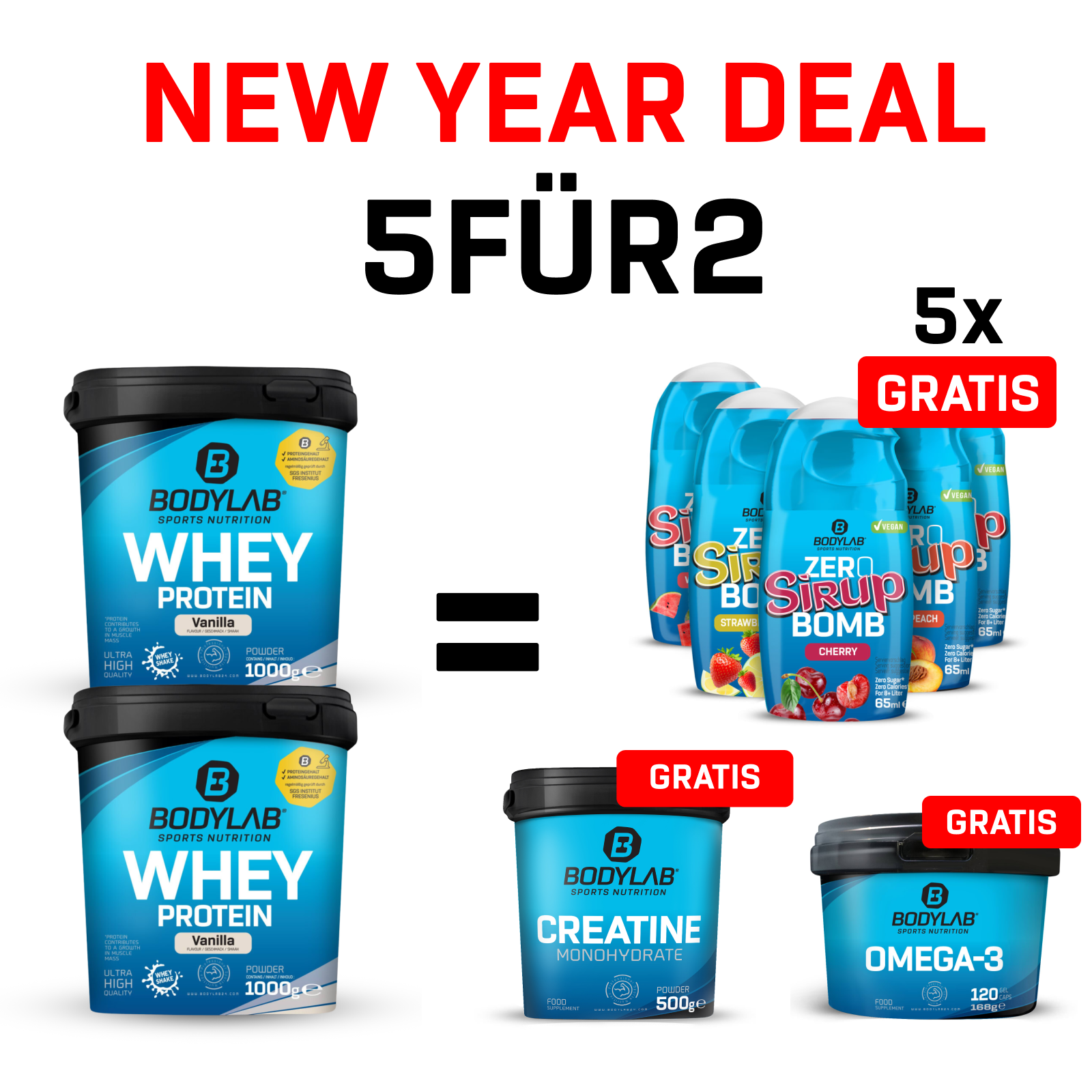 New Year Deal: 5Für2 Diet-Powerpack mit Gratis Creatine Powder + Zero Sirup Bomb Mix + Omega-3