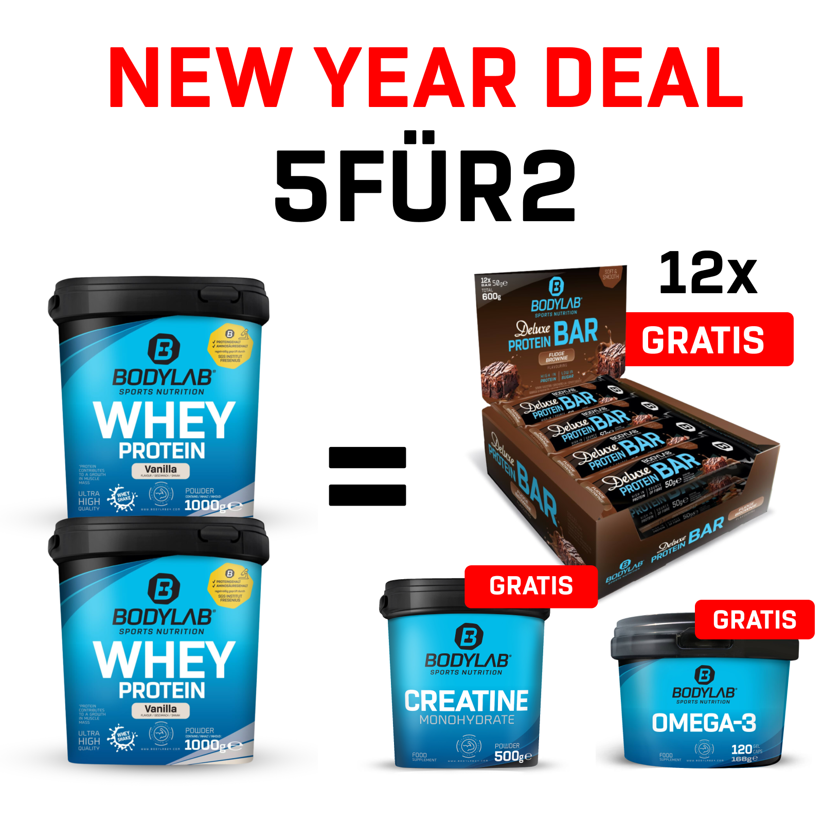 New Year Deal: 5Für2 Protein-Powerpack mit Gratis Creatine + 12 x Deluxe Protein Bar + Omega-3