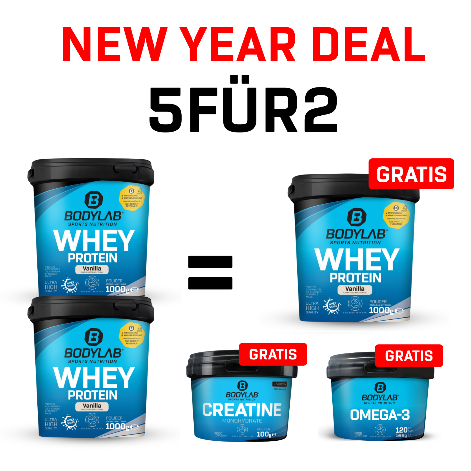 New Year Deal: 5Für2 Protein-Powerpack mit Gratis Whey + Creatine + Omega-3